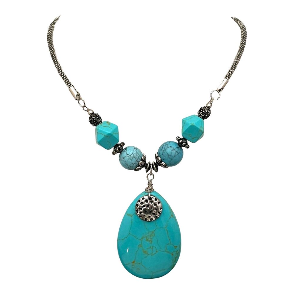 New Turquoise Color Statement Necklace Silver Tone Pendant Beaded - 5L